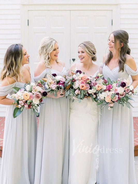 Silver Long Chiffon Bridesmaid Dresses Off the Shoulder VB1019-bridesmaid dresses-Viniodress-Silver-Custom Size-Viniodress