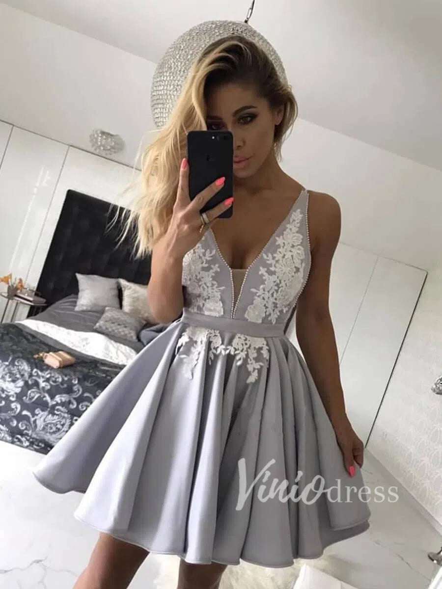 Short Prom Dresses 2025 Silver Mini V Neck Homecoming Dresses with Straps SD1087-homecoming dresses-Viniodress-Silver-Custom Size-Viniodress