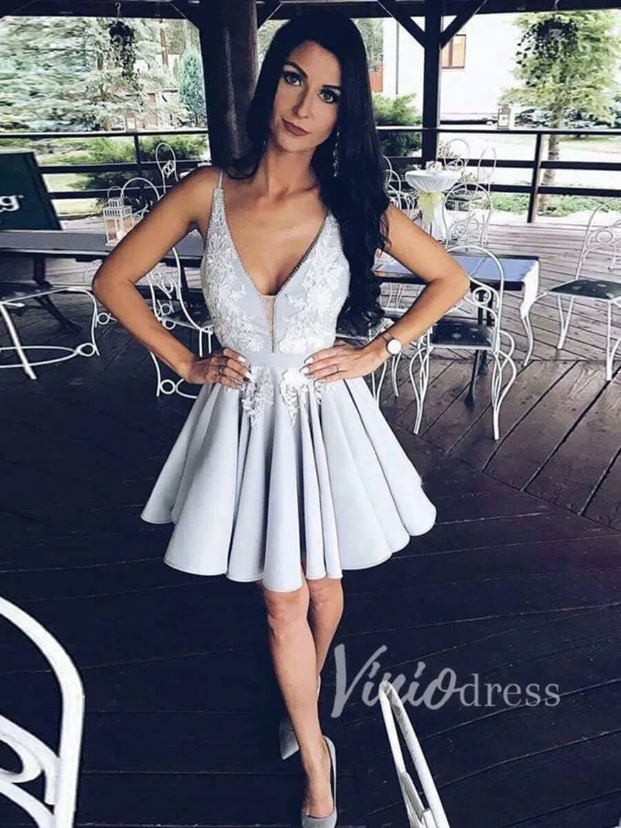 Short Prom Dresses 2025 Silver Mini V Neck Homecoming Dresses with Straps SD1087-homecoming dresses-Viniodress-Silver-Custom Size-Viniodress