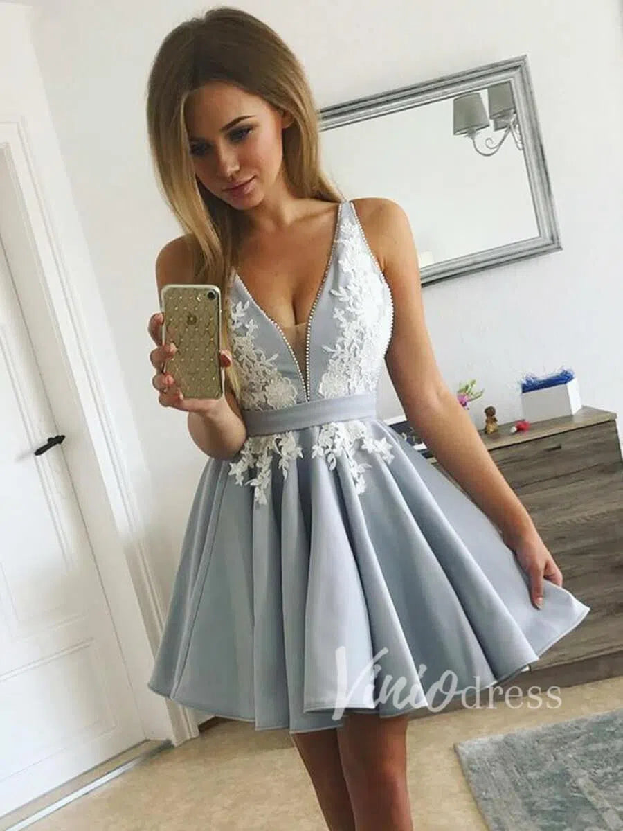 Short Prom Dresses 2025 Silver Mini V Neck Homecoming Dresses with Straps SD1087-homecoming dresses-Viniodress-Silver-Custom Size-Viniodress