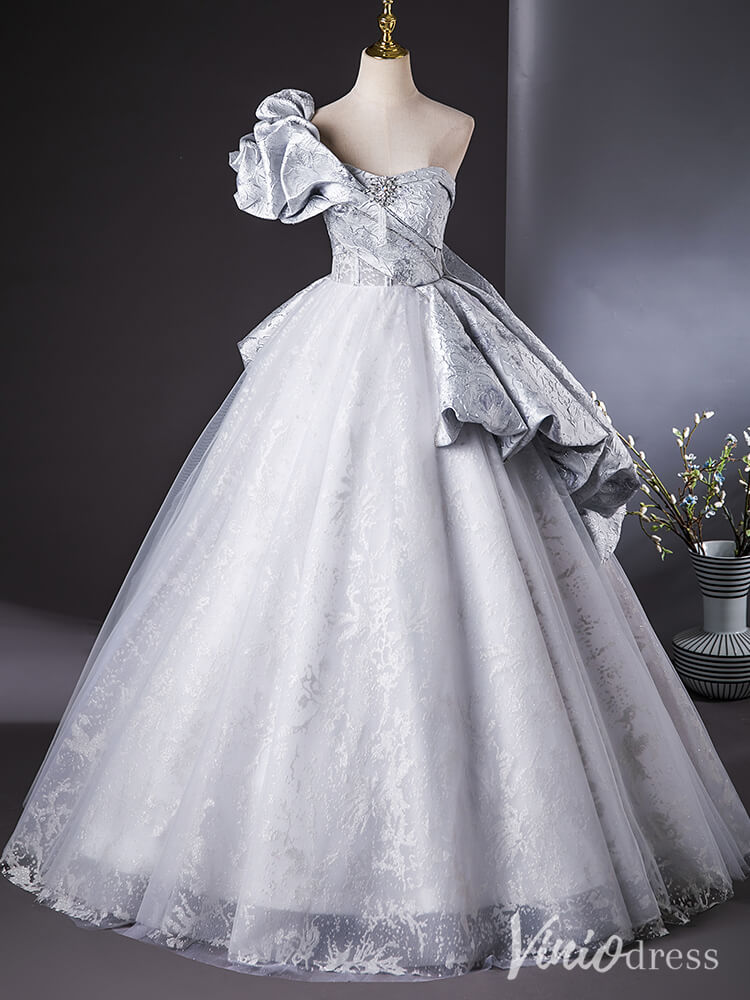 Silver One Shoulder Ruffled Quinceanera Dresses with Overskirt Lace Ball Gown AD1381-prom dresses 2025 -Viniodress-Silver-Custom Size-