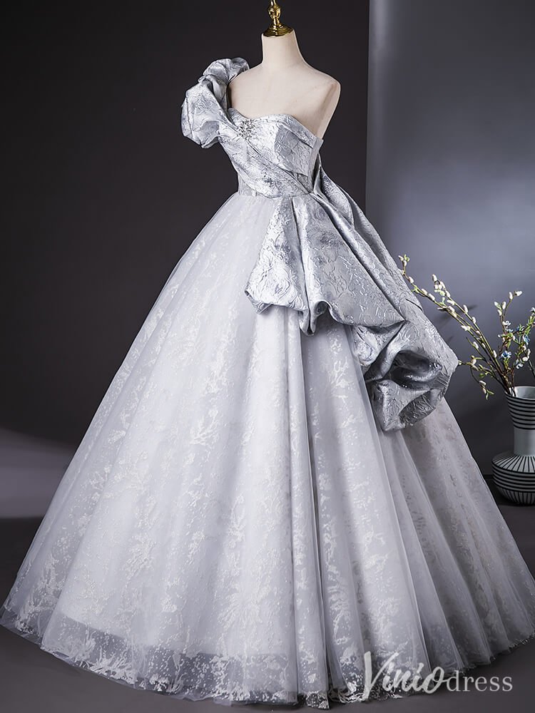 Silver One Shoulder Ruffled Quinceanera Dresses with Overskirt Lace Ball Gown AD1381-prom dresses 2025 -Viniodress-Silver-Custom Size-
