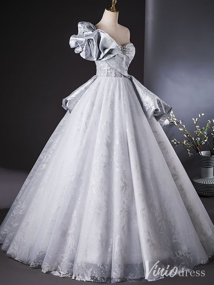 Silver One Shoulder Ruffled Quinceanera Dresses with Overskirt Lace Ball Gown AD1381-prom dresses 2025 -Viniodress-Silver-Custom Size-