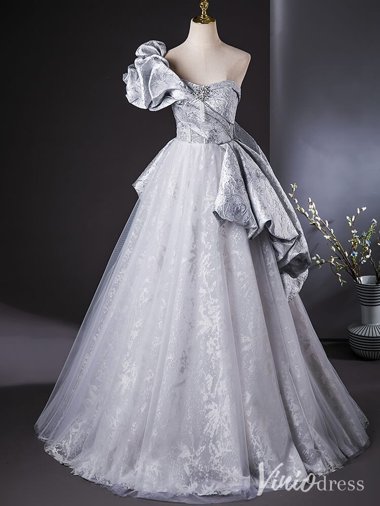 Silver One Shoulder Ruffled Quinceanera Dresses with Overskirt Lace Ball Gown AD1381-prom dresses 2025 -Viniodress-Silver-Custom Size-