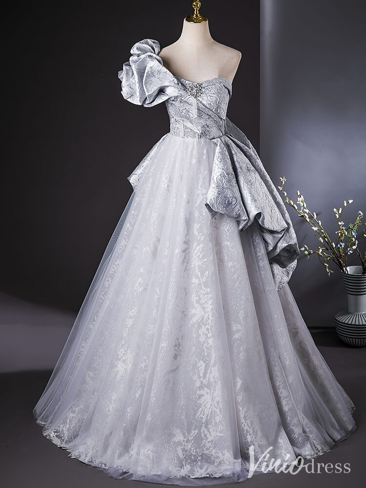 Silver One Shoulder Ruffled Quinceanera Dresses with Overskirt Lace Ball Gown AD1381-prom dresses-Viniodress-Viniodress