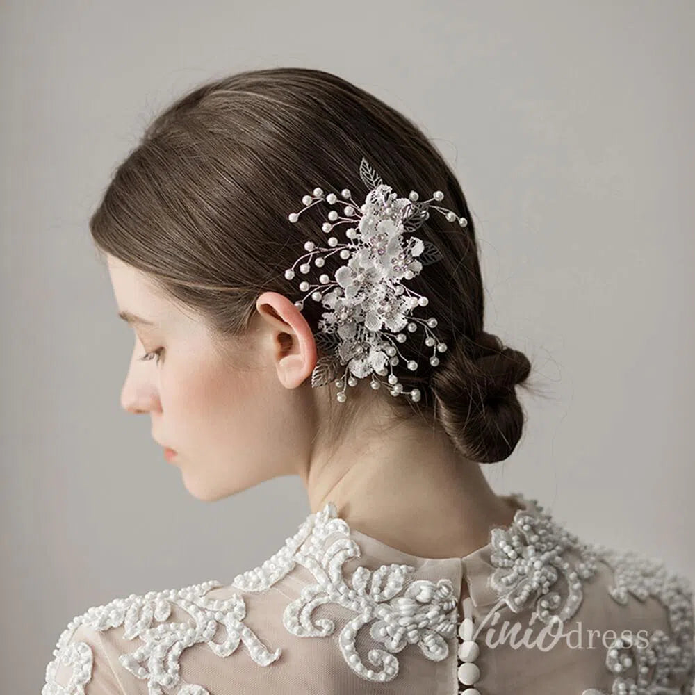 Silver Pearl Sprig Floral Bridal Comb ACC1133-Headpieces 2025 -Viniodress-Silver-