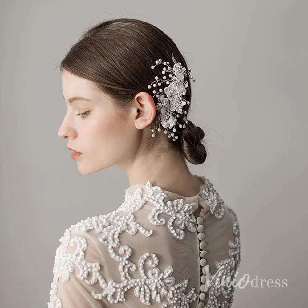 Silver Pearl Sprig Floral Bridal Comb ACC1133-Headpieces 2025 -Viniodress-Silver-