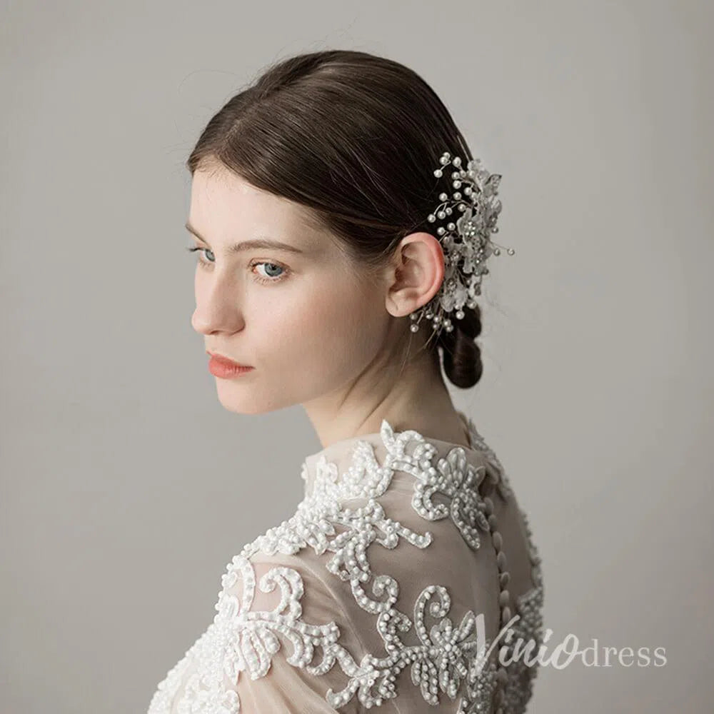 Silver Pearl Sprig Floral Bridal Comb ACC1133-Headpieces 2025 -Viniodress-Silver-