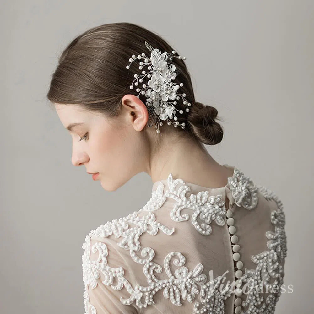 Silver Pearl Sprig Floral Bridal Comb ACC1133-Headpieces 2025 -Viniodress-Silver-