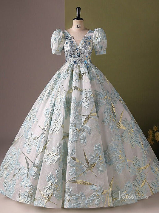 Silver Prom Ball Gown with Light Blue Floral Jacquard V-Neck Quinceanera Dresses BG061-prom dresses 2025 -Viniodress-Silver-Custom Size-