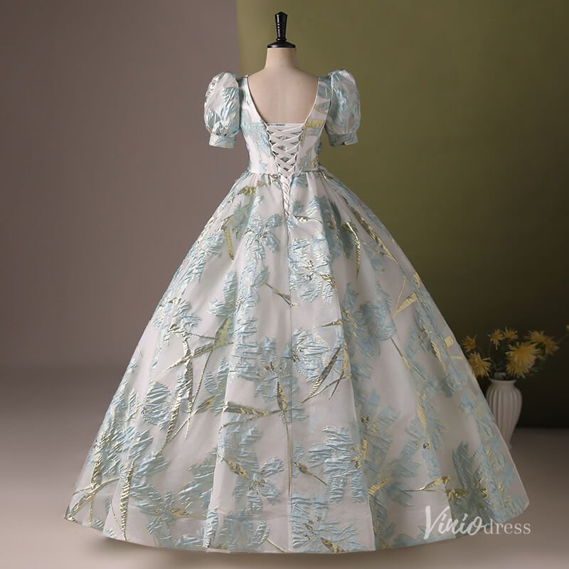 Silver Prom Ball Gown with Light Blue Floral Jacquard V-Neck Quinceanera Dresses BG061-prom dresses 2025 -Viniodress-Silver-Custom Size-