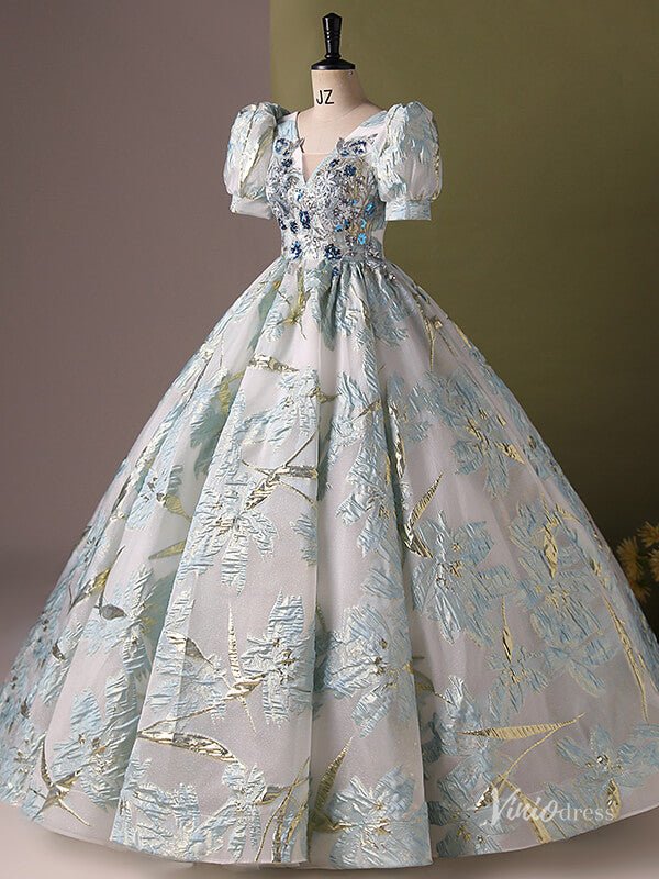 Silver Prom Ball Gown with Light Blue Floral Jacquard V-Neck Quinceanera Dresses BG061-prom dresses 2025 -Viniodress-Silver-Custom Size-