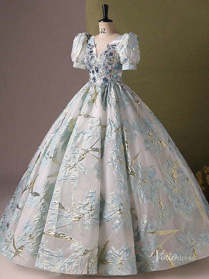 Silver Prom Ball Gown with Light Blue Floral Jacquard V-Neck Quinceanera Dresses BG061-prom dresses 2025 -Viniodress-Silver-Custom Size-