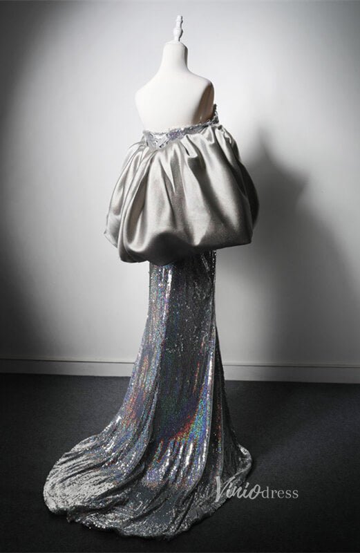 Silver Sequin Mermaid Prom Dresses Puffed Sleeve Evening Dress AD1205-prom dresses 2025 -Viniodress-Silver-Custom Size-