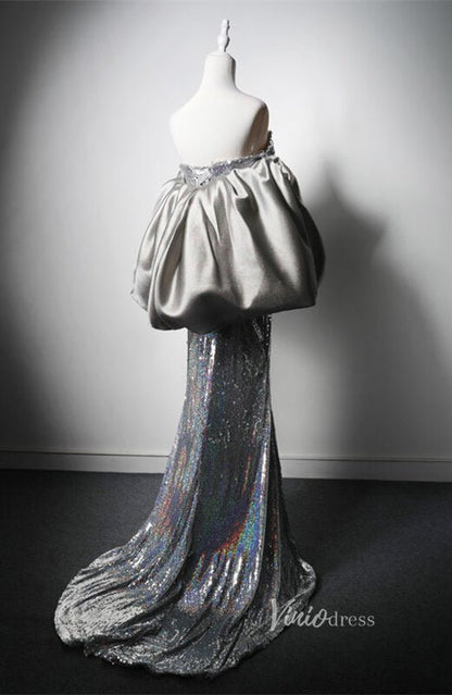 Silver Sequin Mermaid Prom Dresses Puffed Sleeve Evening Dress AD1205-prom dresses 2025 -Viniodress-Silver-Custom Size-