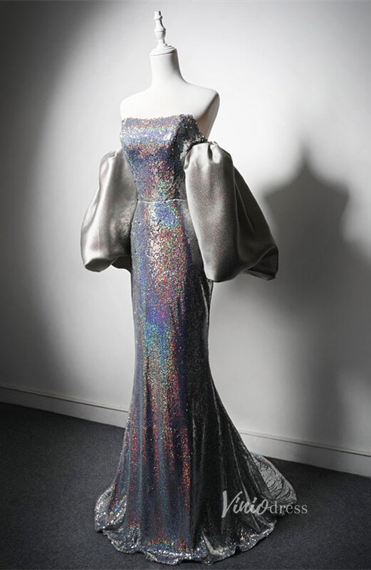 Silver Sequin Mermaid Prom Dresses Puffed Sleeve Evening Dress AD1205-prom dresses 2025 -Viniodress-Silver-Custom Size-