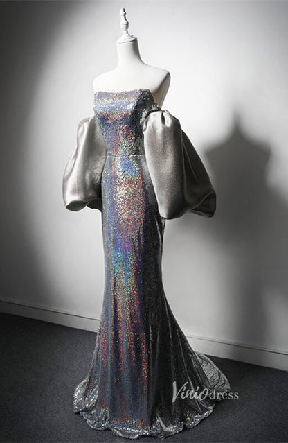 Silver Sequin Mermaid Prom Dresses Puffed Sleeve Evening Dress AD1205-prom dresses 2025 -Viniodress-Silver-Custom Size-