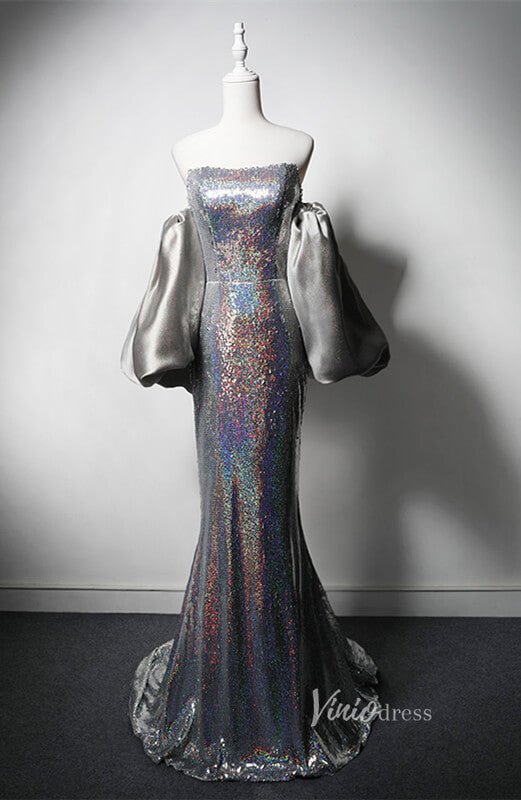 Silver Sequin Mermaid Prom Dresses Puffed Sleeve Evening Dress AD1205-prom dresses 2025 -Viniodress-Silver-Custom Size-