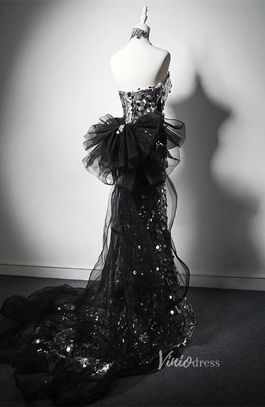 Silver Sequin Mermaid Prom Dresses Strapless Bow Tie Evening Dress AD1210-prom dresses 2025 -Viniodress-Silver-Custom Size-