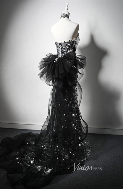 Silver Sequin Mermaid Prom Dresses Strapless Bow Tie Evening Dress AD1210-prom dresses 2025 -Viniodress-Silver-Custom Size-