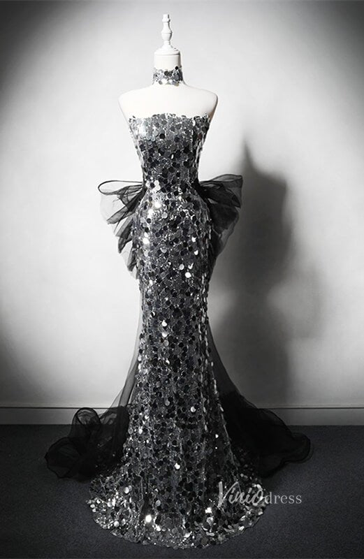 Silver Sequin Mermaid Prom Dresses Strapless Bow Tie Evening Dress AD1210-prom dresses 2025 -Viniodress-Silver-Custom Size-
