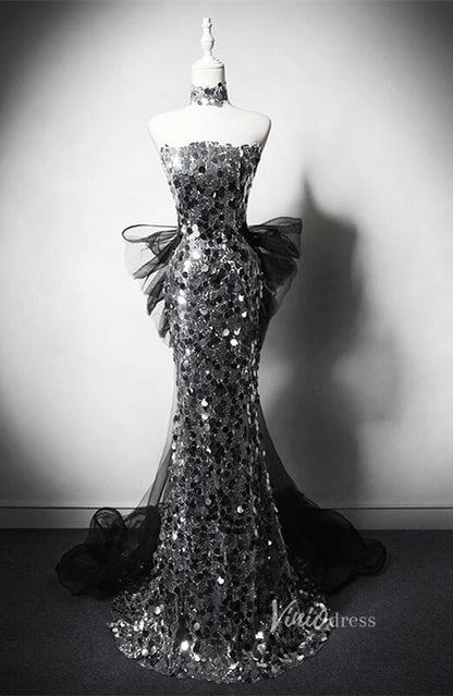 Silver Sequin Mermaid Prom Dresses Strapless Bow Tie Evening Dress AD1210-prom dresses 2025 -Viniodress-Silver-Custom Size-