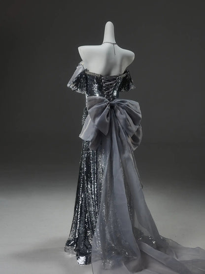 Silver Sequin Sheath Prom Dresses with Bow-Tie & Rhinestone Neckline - CQ0138-Couture Gown 2025 -Viniodress-Silver-Custom Size-