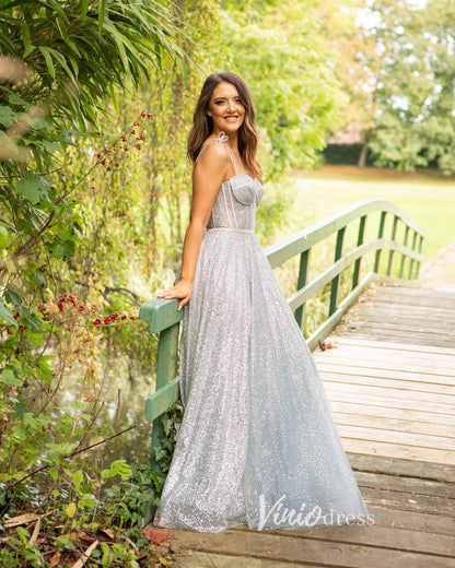 Silver Sparkly Lace Prom Dresses Spaghetti Strap Evening Dress FD3377 Viniodress Silver Sparkly Lace Prom Dresses Spaghetti Strap Evening Dress FD3377 Viniodress