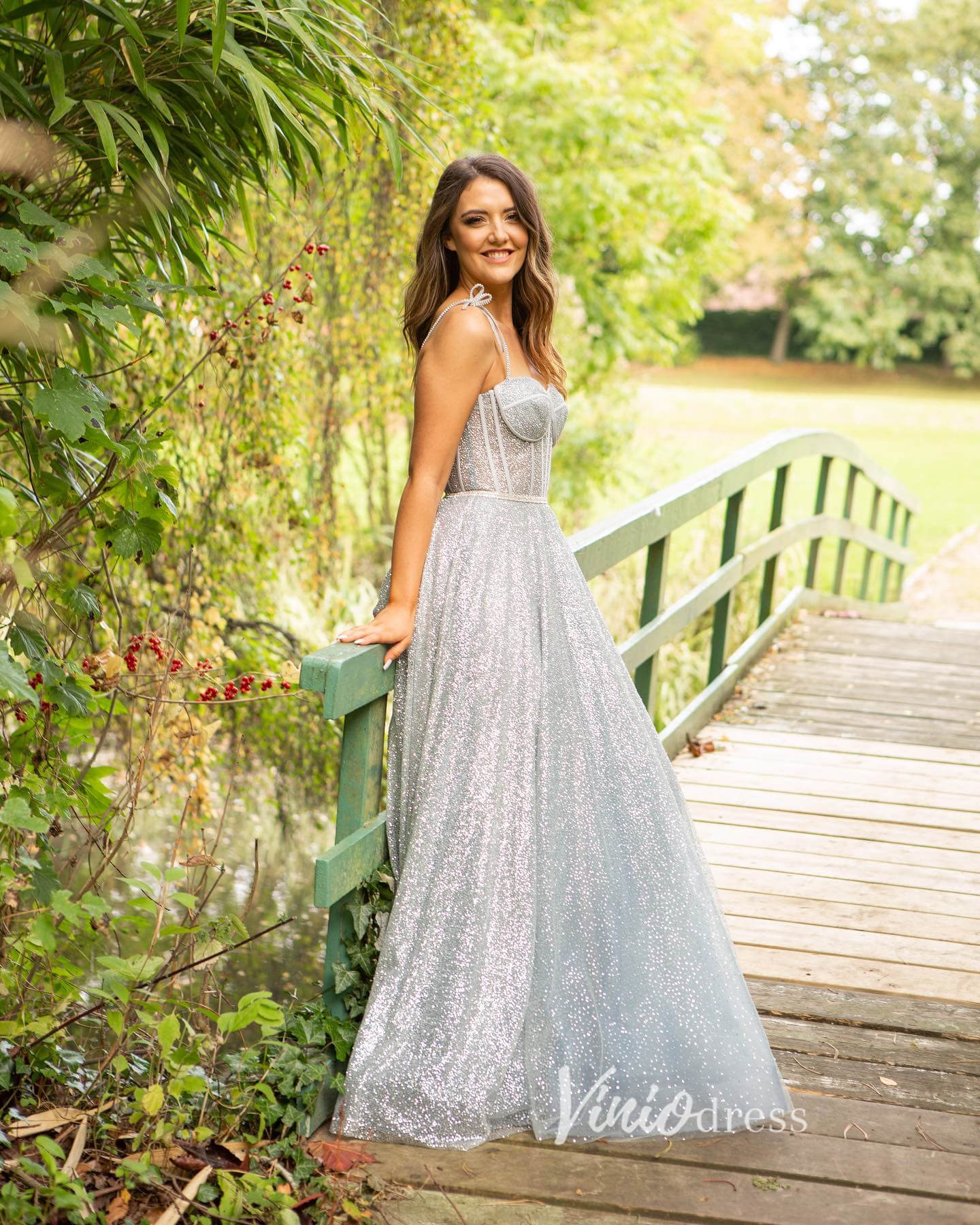 Silver Sparkly Lace Prom Dresses Spaghetti Strap Evening Dress FD3377 –  Viniodress