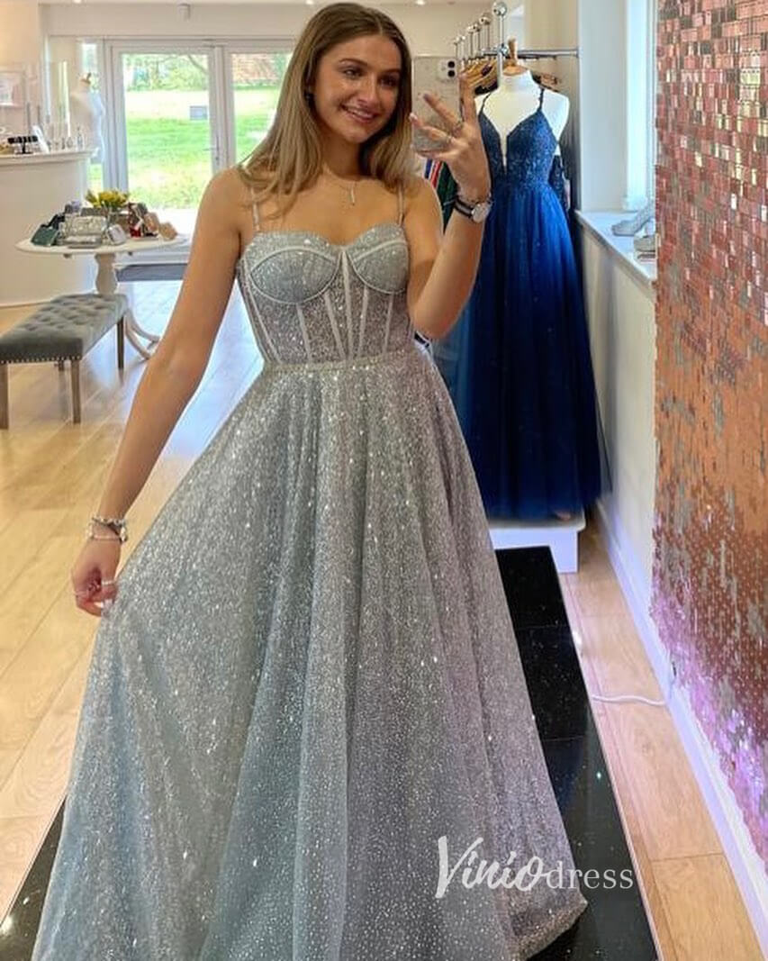 Prom Dress 2025 Silver Sparkly Lace Prom Dresses Spaghetti Strap Evening Dress FD3377-unique prom dresses-Silver-Custom Size-Viniodress