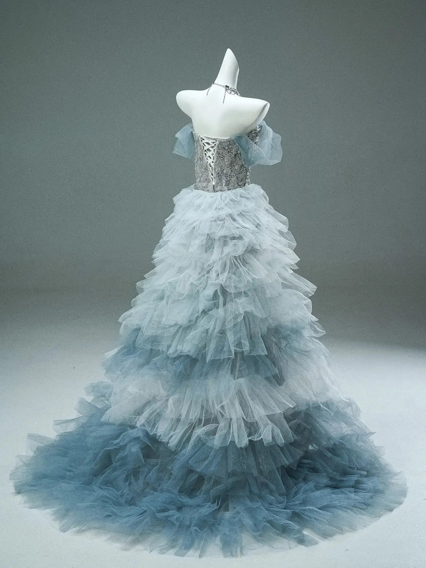 Silver Sparkly Lace Prom Dresses with Blue Ruffled Overskirt & Sweetheart Neckline - CQ0123-Couture Gown 2025 -Viniodress-Silver-Custom Size-