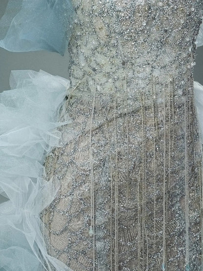 Silver Sparkly Lace Prom Dresses with Blue Ruffled Overskirt & Sweetheart Neckline - CQ0123-Couture Gown 2025 -Viniodress-Silver-Custom Size-