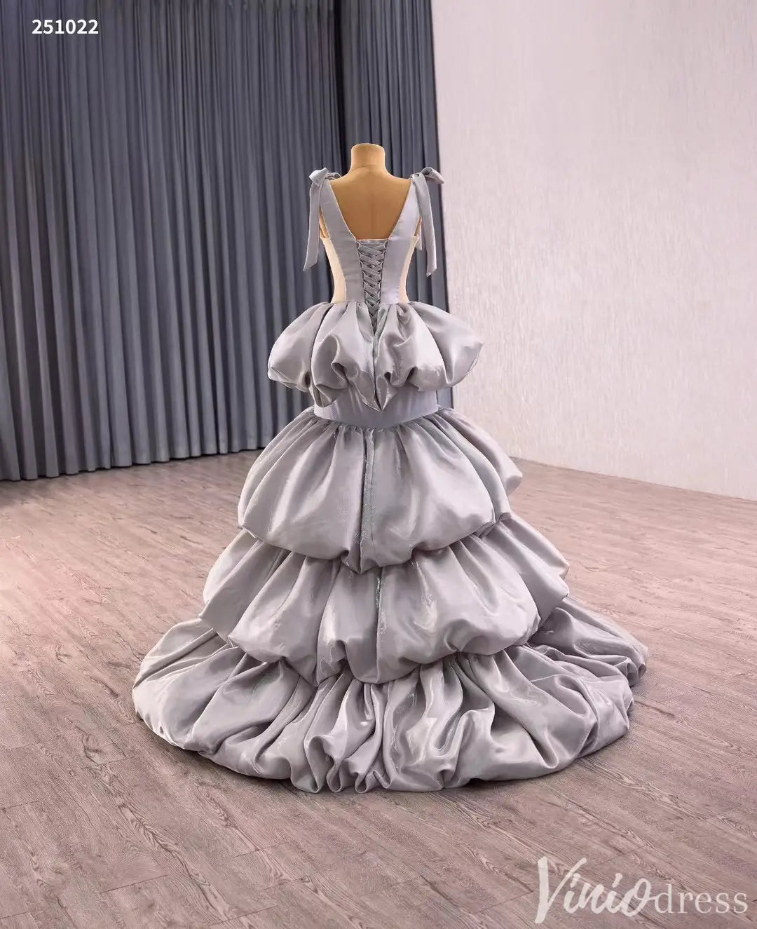 Silver Tiered Puff Ball Gown with Shoulder Bows and Deep V Neck – Style 251022-Quinceanera Dresses 2025 -Viniodress-Silver-Custom Size-