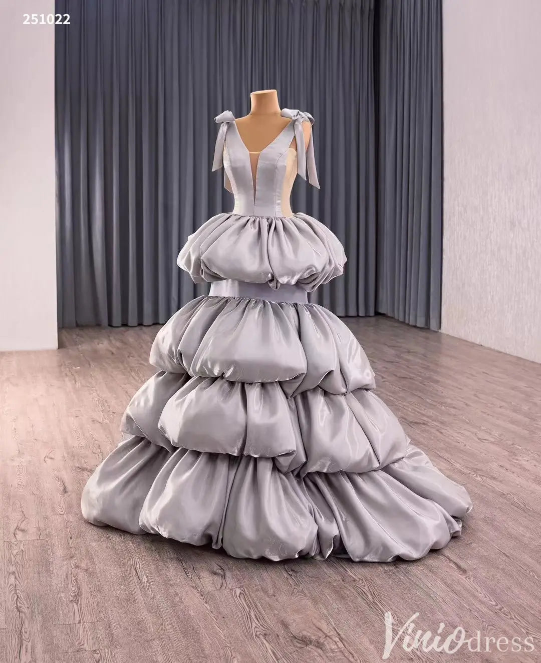 Silver Tiered Puff Ball Gown with Shoulder Bows and Deep V Neck – Style 251022-Quinceanera Dresses 2025 -Viniodress-Silver-Custom Size-