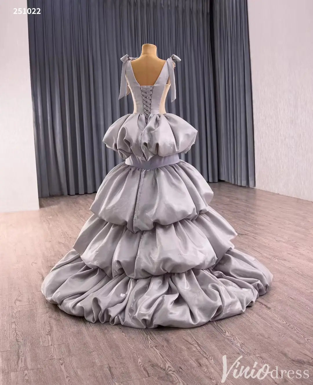 Silver Tiered Puff Ball Gown with Shoulder Bows and Deep V Neck – Style 251022-Quinceanera Dresses 2025 -Viniodress-Silver-Custom Size-