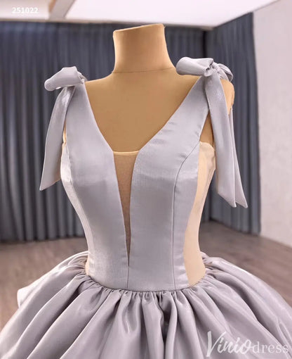 Silver Tiered Puff Ball Gown with Shoulder Bows and Deep V Neck – Style 251022-Quinceanera Dresses 2025 -Viniodress-Silver-Custom Size-