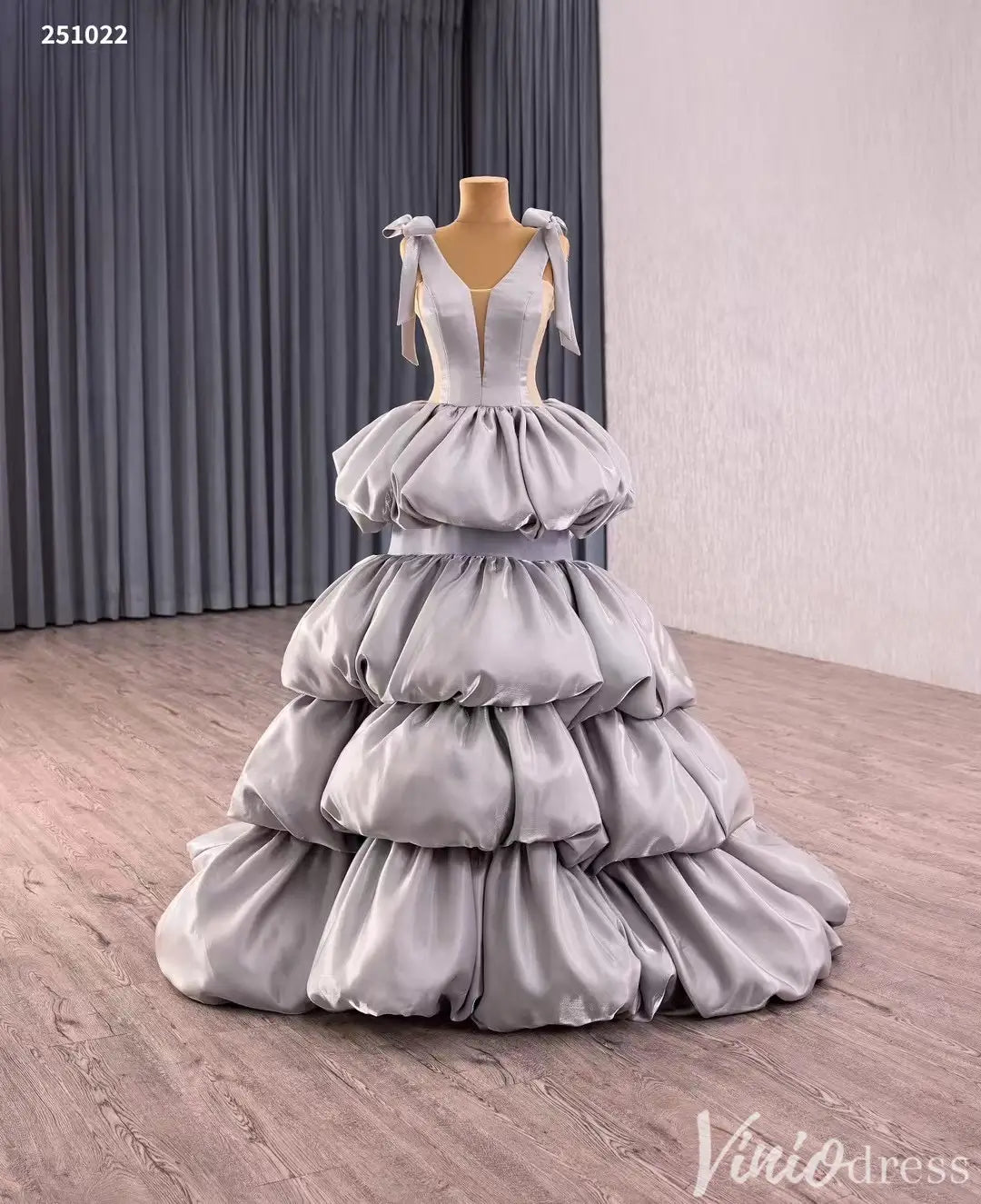 Silver Tiered Puff Ball Gown with Shoulder Bows and Deep V Neck – Style 251022-Quinceanera Dresses 2025 -Viniodress-Silver-Custom Size-