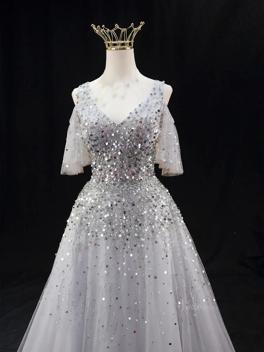 Silver Tulle Prom Dresses with V-Neck, Beaded Bodice, Formal Dresses SU062-prom dresses 2025 -Viniodress-Silver-Custom Size-
