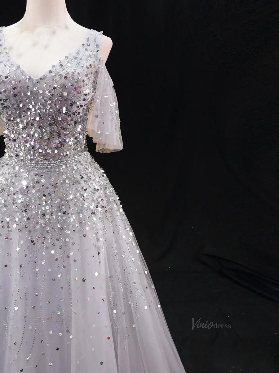 Silver Tulle Prom Dresses with V-Neck, Beaded Bodice, Formal Dresses SU062-prom dresses 2025 -Viniodress-Silver-Custom Size-