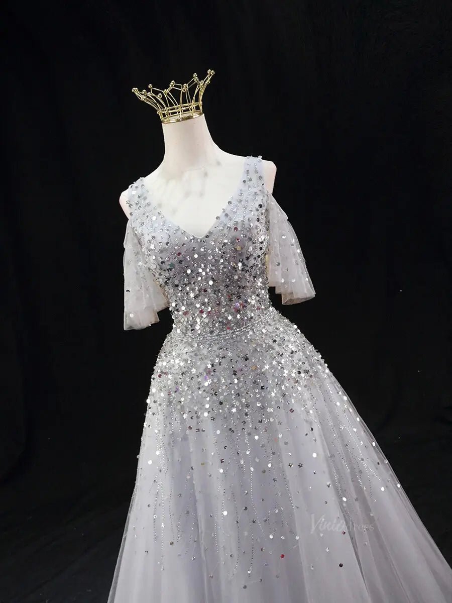 Silver Tulle Prom Dresses with V-Neck, Beaded Bodice, Formal Dresses SU062-prom dresses 2025 -Viniodress-Silver-Custom Size-