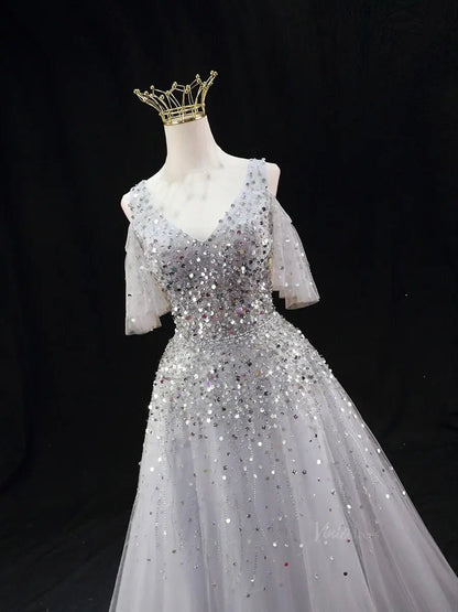 Silver Tulle Prom Dresses with V-Neck, Beaded Bodice, Formal Dresses SU062-prom dresses 2025 -Viniodress-Silver-Custom Size-