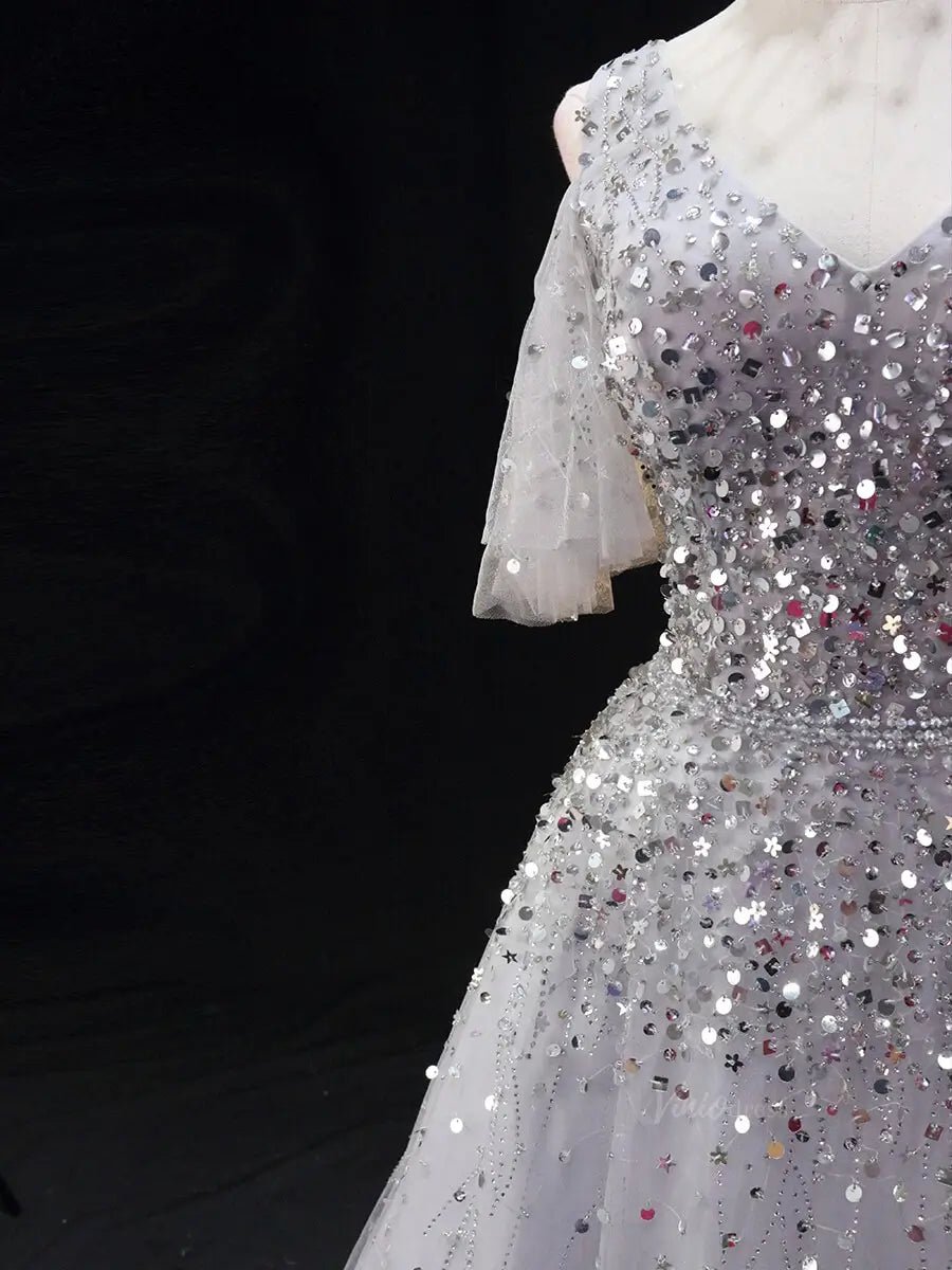 Silver Tulle Prom Dresses with V-Neck, Beaded Bodice, Formal Dresses SU062-prom dresses 2025 -Viniodress-Silver-Custom Size-