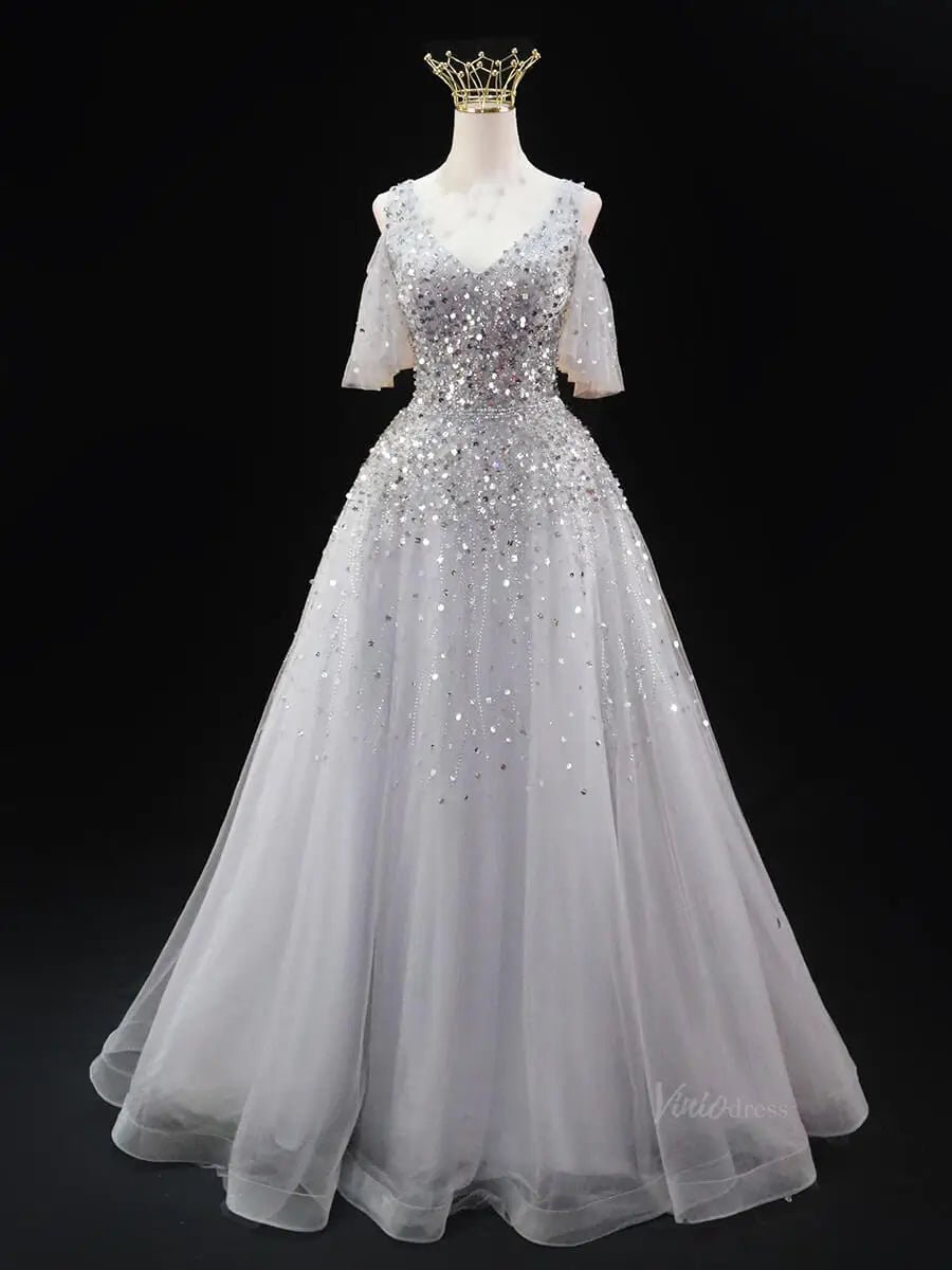 Silver Tulle Prom Dresses with V-Neck, Beaded Bodice, Formal Dresses SU062-prom dresses 2025 -Viniodress-Silver-Custom Size-
