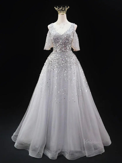 Silver Tulle Prom Dresses with V-Neck, Beaded Bodice, Formal Dresses SU062-prom dresses 2025 -Viniodress-Silver-Custom Size-