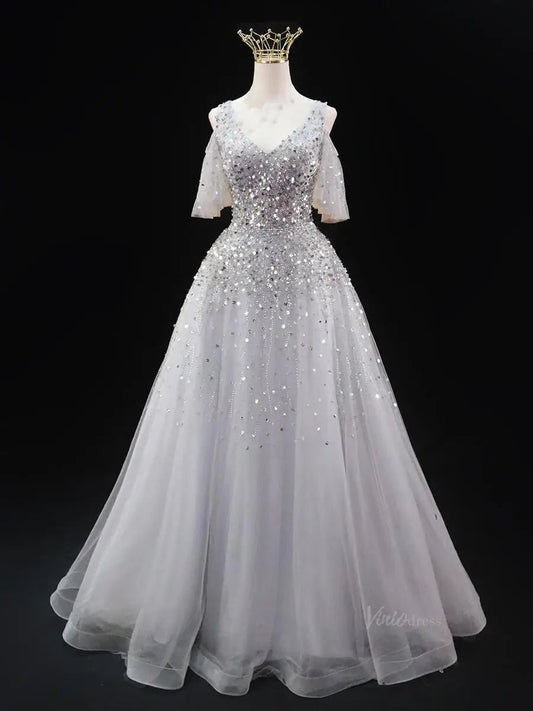 Silver Tulle Prom Dresses with V-Neck, Beaded Bodice, Formal Dresses SU062-prom dresses 2025 -Viniodress-Silver-Custom Size-