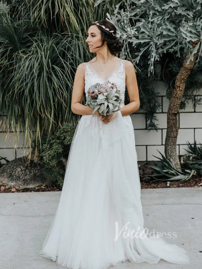 Simple A-line Beach Wedding Dresses with Lace Top VW1090-wedding dresses-Viniodress-Viniodress