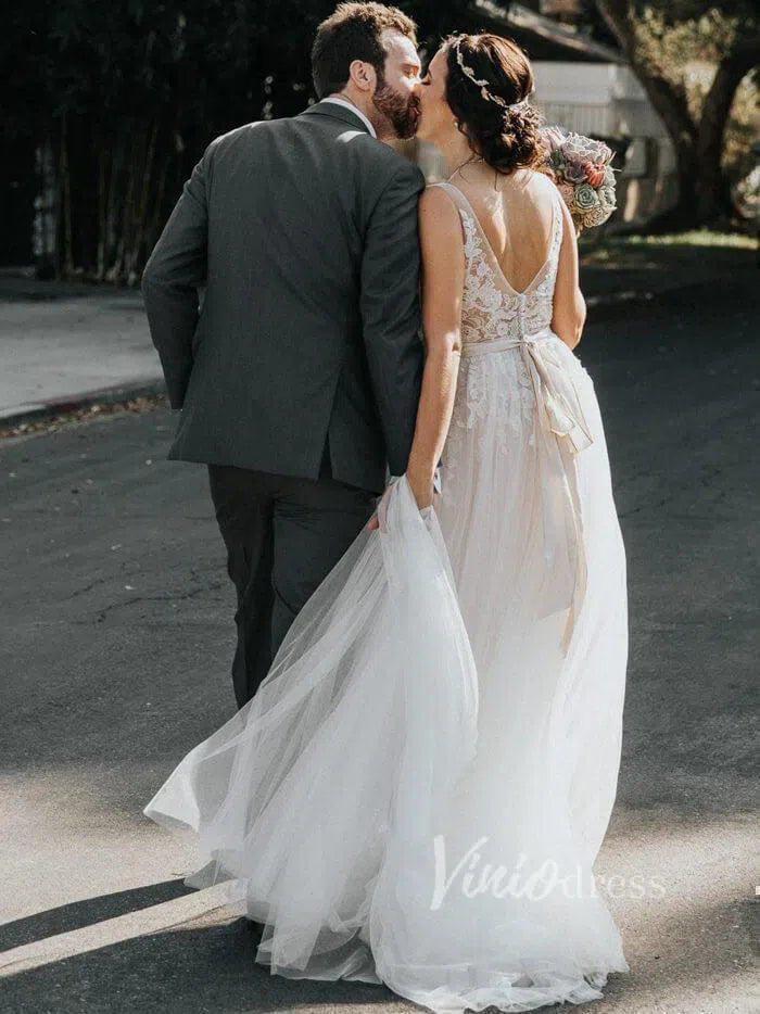 Simple A-line Beach Wedding Dresses with Lace Top VW1090-wedding dresses-Viniodress-Viniodress