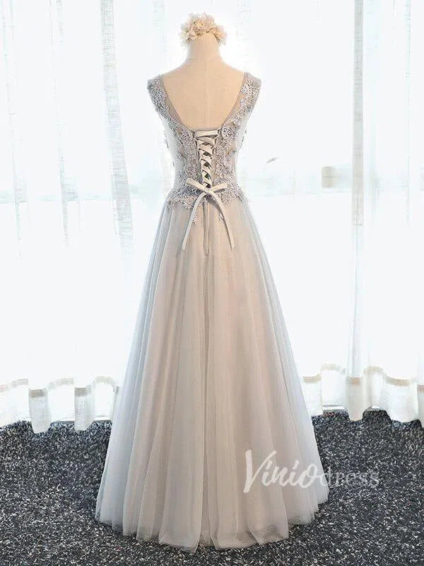 Simple A Line Formal Dresses Floral Bodice FD1344-formal dresses 2025 -Viniodress-Silver-Custom Size-