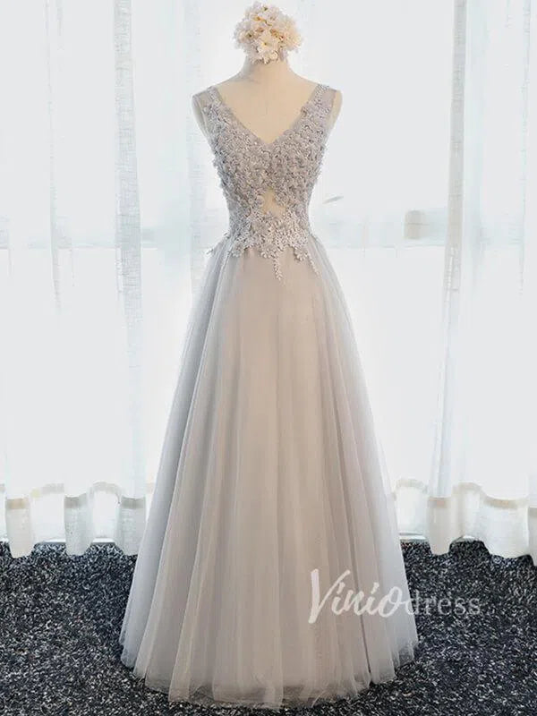Simple A Line Formal Dresses Floral Bodice FD1344-formal dresses 2025 -Viniodress-Silver-Custom Size-