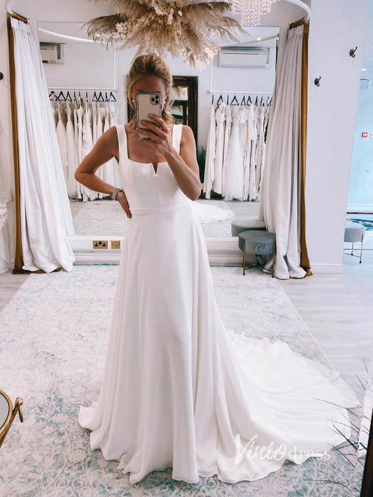 Simple A-line Modern Wedding Dresses Square Neck Minimalist Wedding Dress VW2144-wedding dresses 2025 -Viniodress-Ivory-Custom Size-